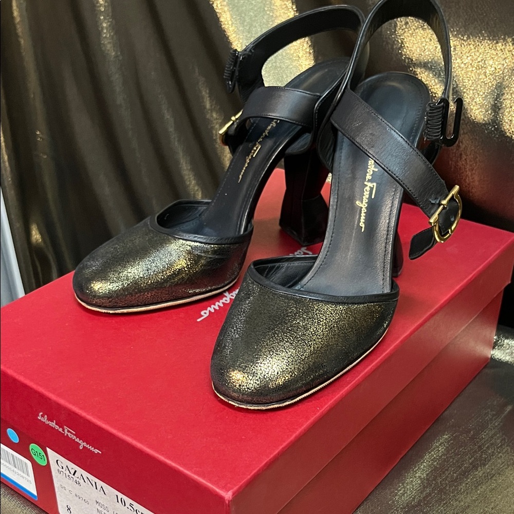 Salvatore Ferragamo Black and Gold Heels